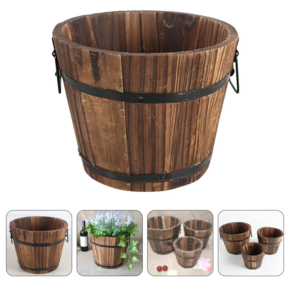 

Bucket Garden Wood Barrel Handles Rustic Planter Flower Pot Decorative Container
