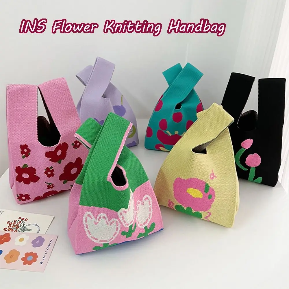 

Fashion Flower Knitting Handbag Korean Style Women Wrist Pouch Lady Leisure Shopping Bag Travel Daily Casual Large Capacity Tote
