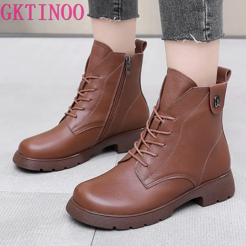 GKTINOO High Quality Genuine Leather Boots Women Fashion Trend Lace Up Side Zipper Waterproof Warm Low Heel Short Ankle Boots