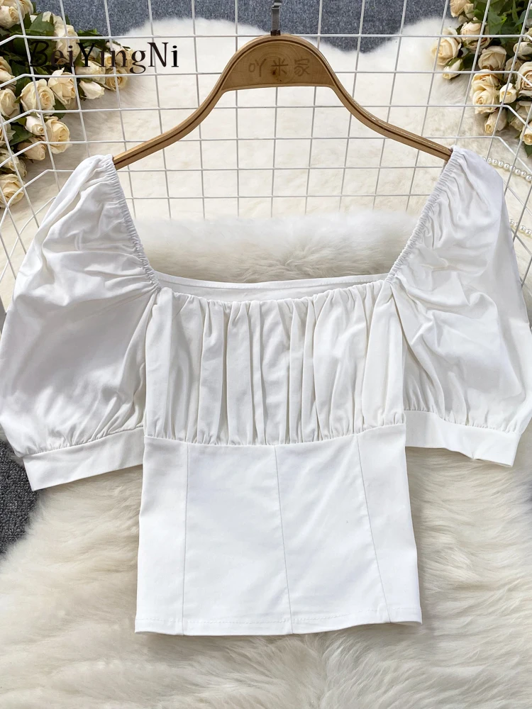 

Beiyingni Korean Puff Sleeve Women's Blusas Ruched Square Collar Slim Fit Sexy Crop Tops Female New Fashion Shirts White Blouses