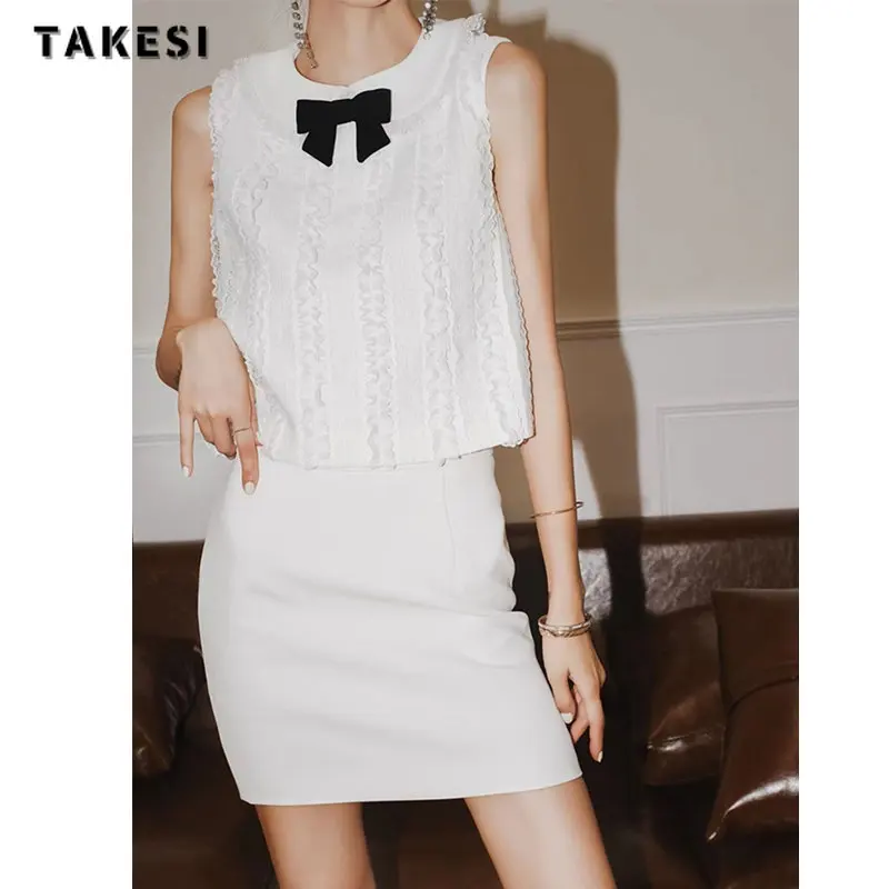 

2023 Summer Elegant Office Lady Style 2 Piece Set Women Sleeveless Bow Patchwork Top + A-line Skirt Sweet Two Piece Skirt Set
