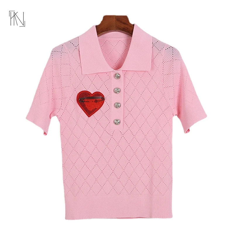 

Love Embroidery Hollow Short-sleeved Pullover 2022 Autumn New Women Jacquard Lapel Single-breasted Ice Silk Knit Thin Jumper