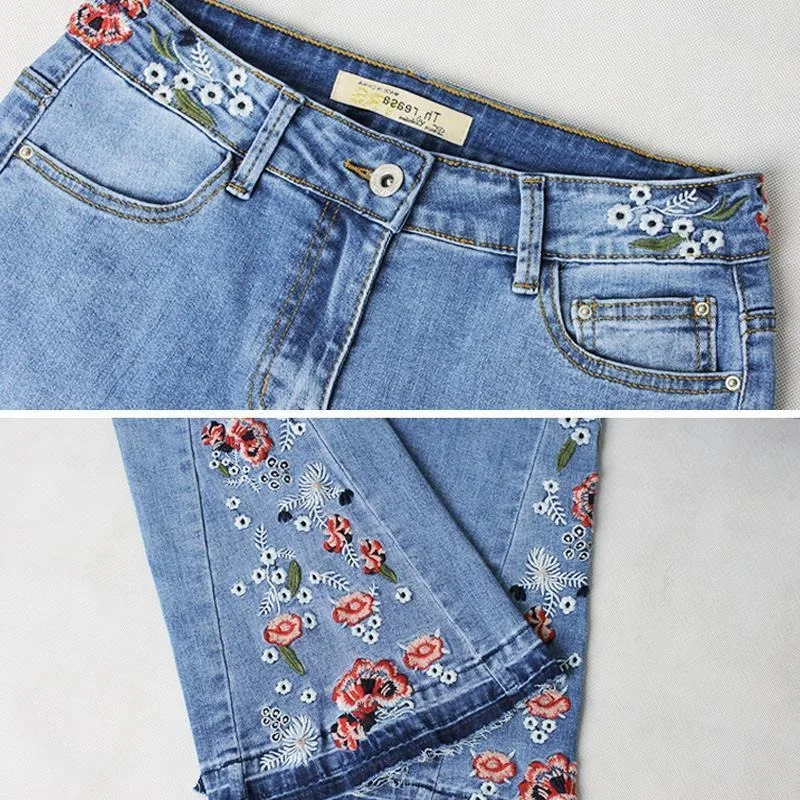Фото Женские джинсы с вышивкой Horn Jeans, летняя новинка 2026 года, светлые, эластичные, с высокой талией, облегающие, тонкие, больших размеров, широкие брюки №2