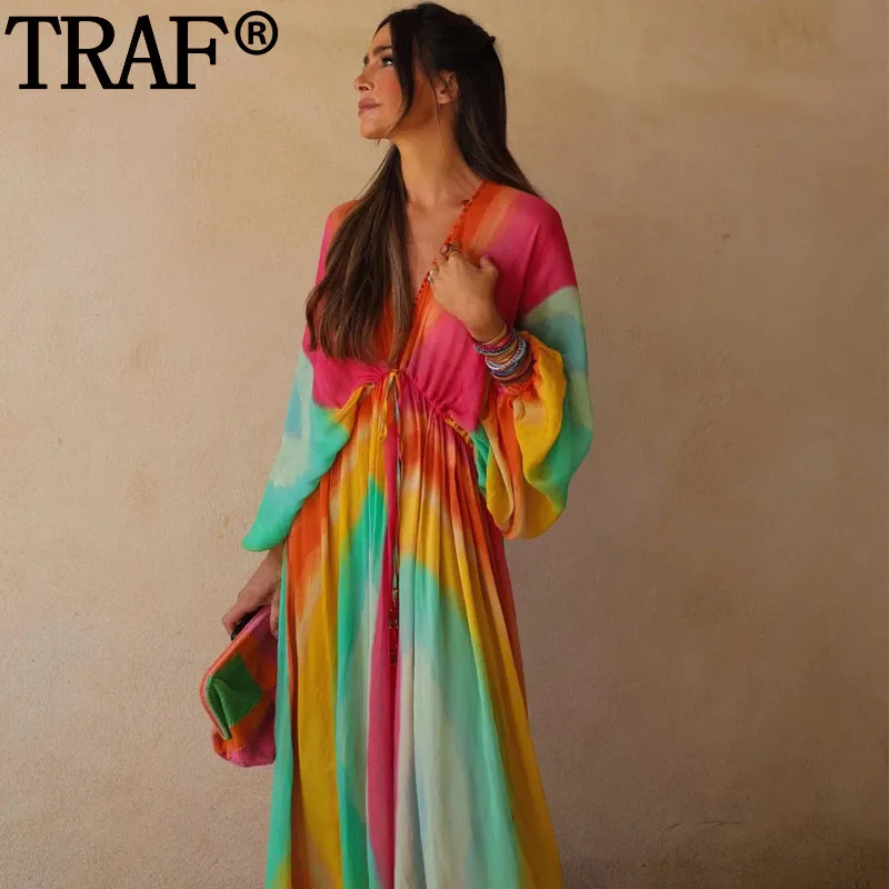 

TRAF 2023 Chiffon Midi Dress Woman Tie Dye Long Dresses For Women Long Sleeve Ruched Loose Summer Dress Boho Bead Beach Dress