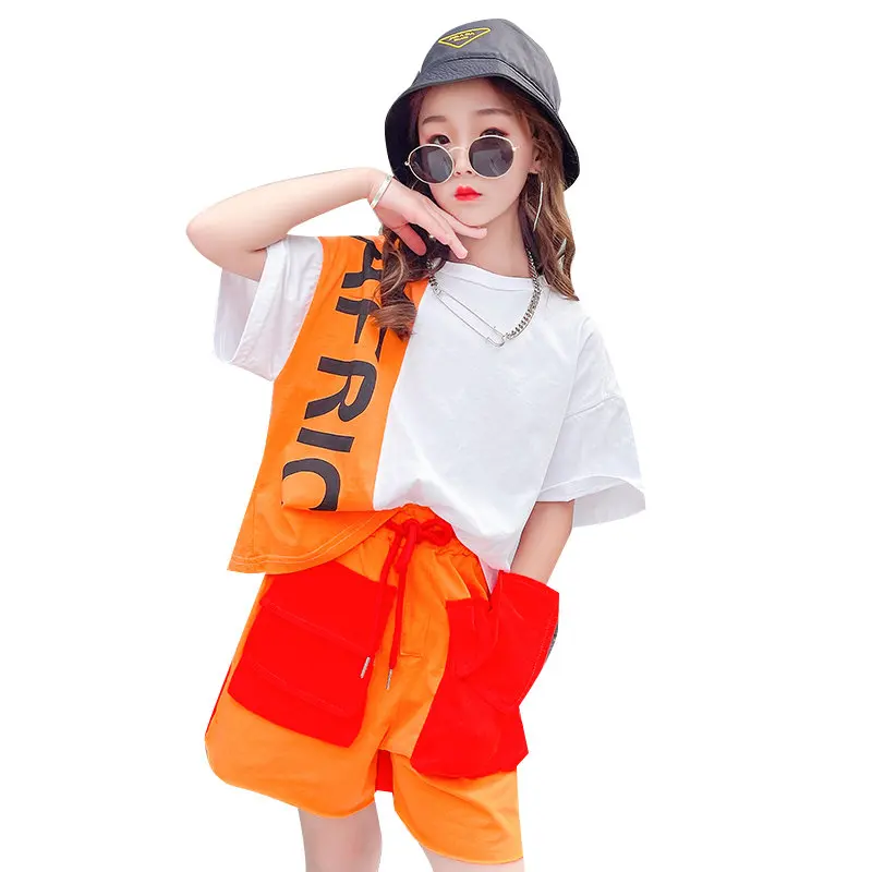 

Summer Teen Girls T-Shirt+Cargo Shorts Fashion Patchwork Hip Hop Performance Suits Children Clothing Sets Teenager 6 8 10 12 14Y