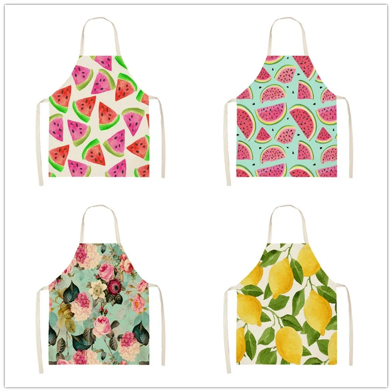 

Summer Watermelon Lemon Printed Kitchen Apron Cotton Linen Aprons for Women Household Cleaning Baking Cooking Accessories