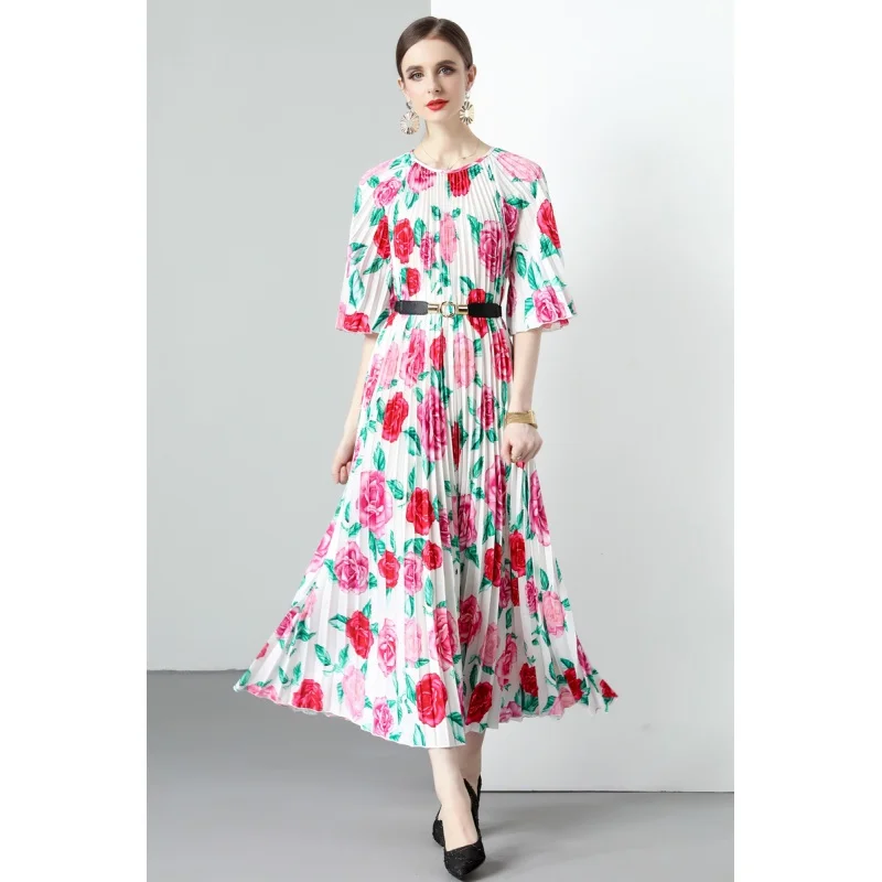 Женское плиссированное платье с круглым вырезом универсальное свободное