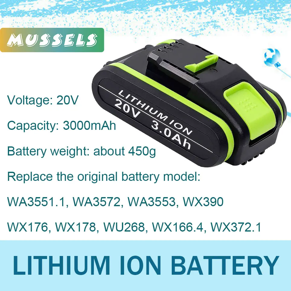 

20V 3000mAh Li-Ion Rechargeable Replacement Battery for Worx Power Tools WA3551 WA3553 WX390 WX176 WX178 WX550