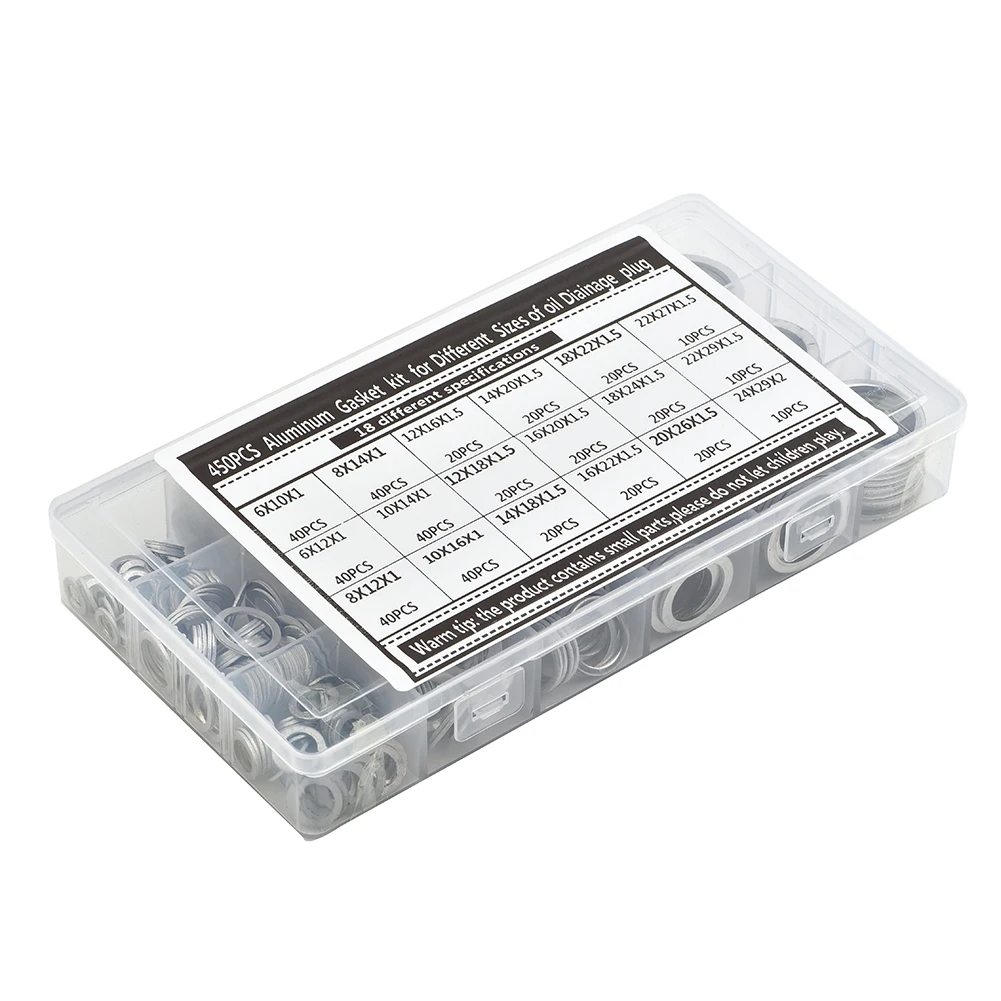 

450 Pcs Aluminum Washers For Long-term Use Oil Drain Plug Aluminum Washer Gasket Wear Resistant With Plastic Box Tool Accessorie