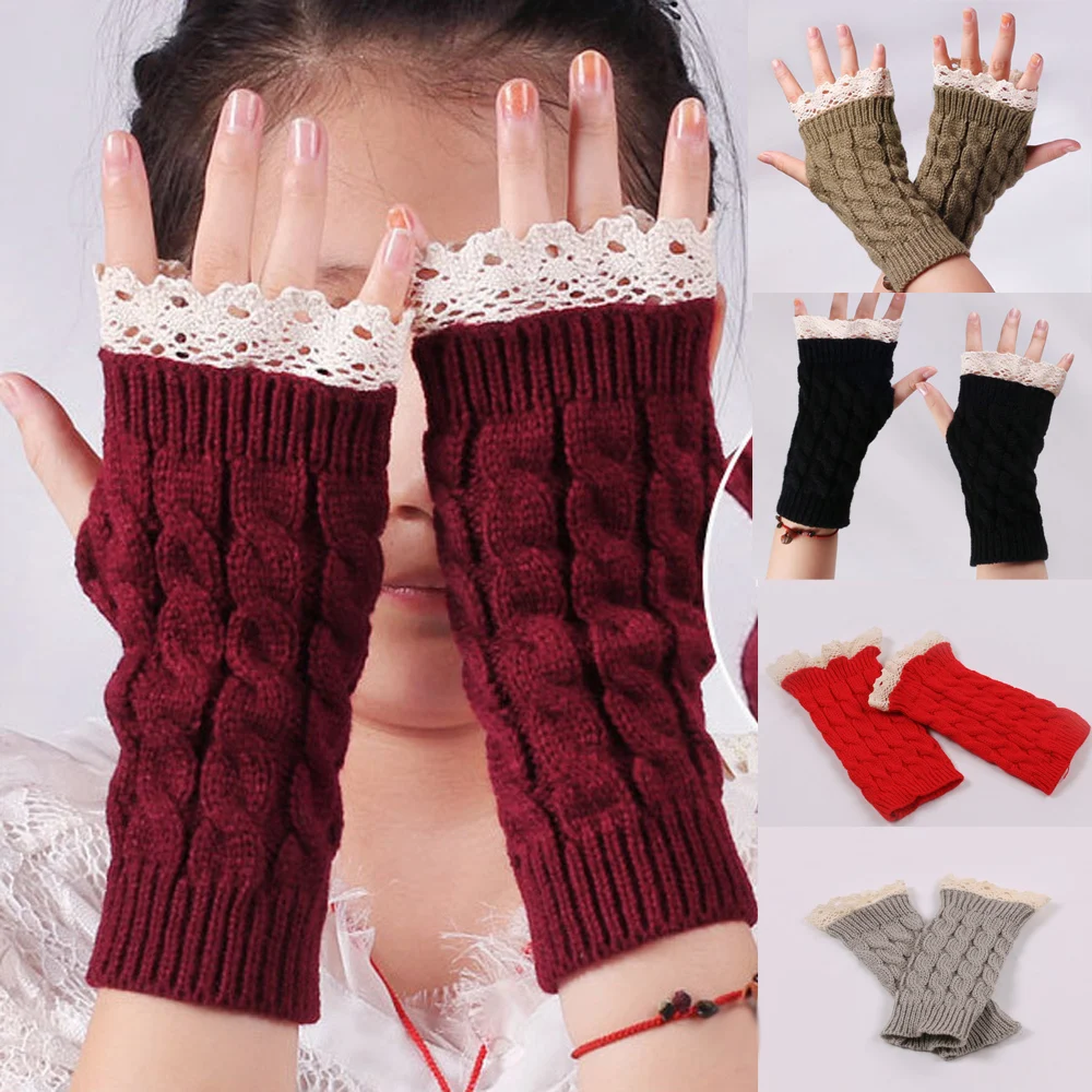 

Fashion Women Knitted Gloves Twist Lace Half Finger Fingerless Autumn Winter Warm Outdoor Solid Cover Wrist Glove