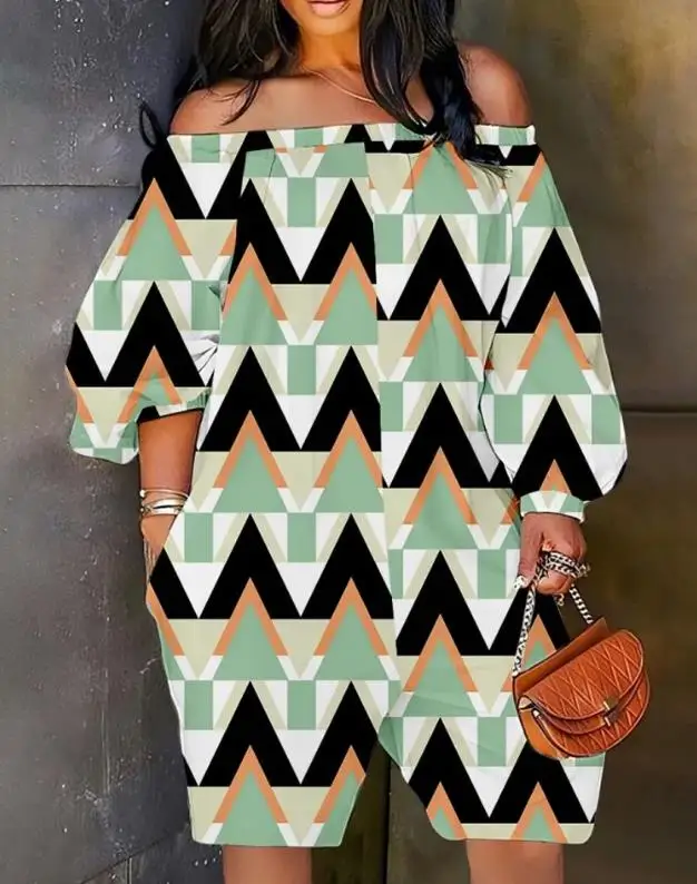 

Jumpsuit Women 2023 Summer New Casual Fashion Style Commuter Plus Size Geometric Print Off Shoulder Romper Street Apparel