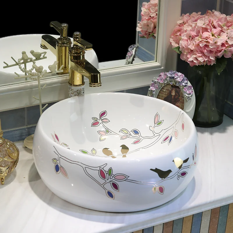 

Round bird pattern Porcelain bathroom vanities chinese Art Counter Top ceramic decorative art wash basin bathroom sinks