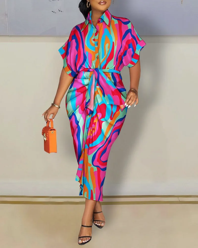 

Женское летнее платье-рубашка с коротким рукавом, V-образным вырезом, пуговицами и принтом, элегантное облегающее платье с лацканами и геометрическим рисунком, винтаж 2023