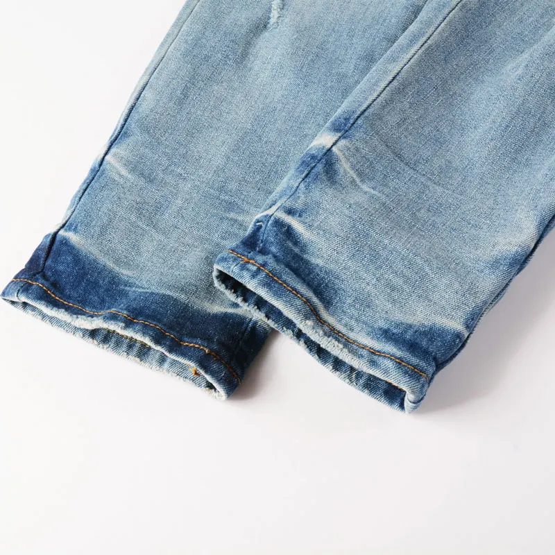 High Street Fashion Men Jeans Retro Light Blue Stretch Skinny Ripped Jeans Men Brand Patch Designer Hip Hop Denim Pants Hombre
