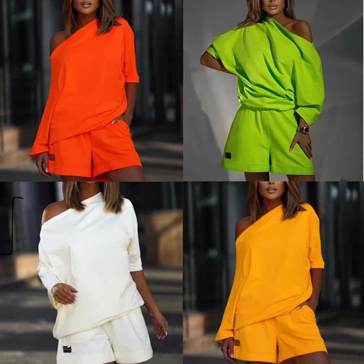 

Sweatshirt Pants Set Women Off Shoulder Pullover Top Loose Two Piece Suit Lady 2023 Summer Leisure Shorts Outfits Suits