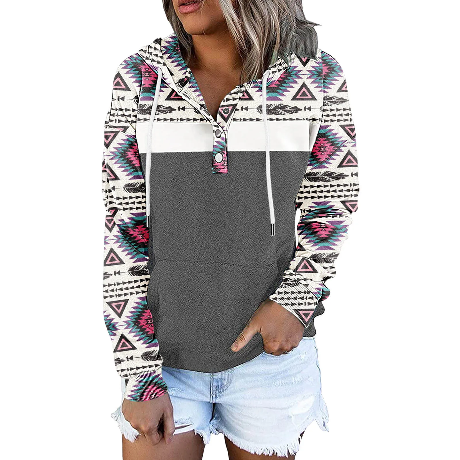 

Женская блузка с карманами на пуговицах, толстовка с длинными рукавами и кулиской, свитшот с принтом, Женский пуловер с капюшоном, худи для ж...