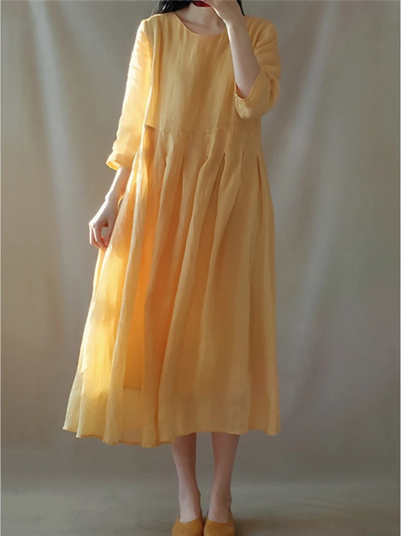 

Limiguyue Pleated Maxi Dress Women Casual Cotton Linen A-Line O-neck Dresses Elegant Long Beach Boho Vestidos Robe Thin J226