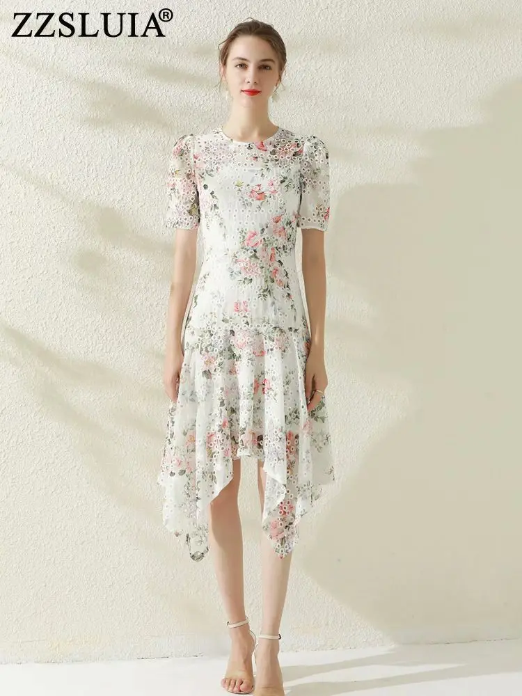 Vestidos de Verão para as Mulheres Zzsluia Padrão Flor Bordado Cortar Designer Magro Vestido Irregular Moda Elegante Uma Peça