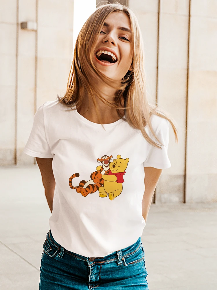 

Disney Women's T-shirt Winnie the Pooh Sweet Cute Girl Tops Cartoon Tee Short Sleeve Summer Lady Clothes Young Fashion Street
