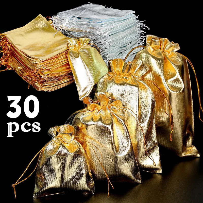 

10-30pcs Jewelry Packing Fabric Bag Gold Sliver Color Metallic Foil Drawstring Bag Wedding Party Gift Storage Pouches Candy Bags