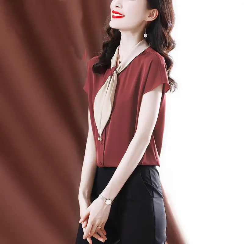 

Satin shirt female 2022 summer new fashion chiffon shirt jacket female wild loose thin short sleeve v neck blouse clothing