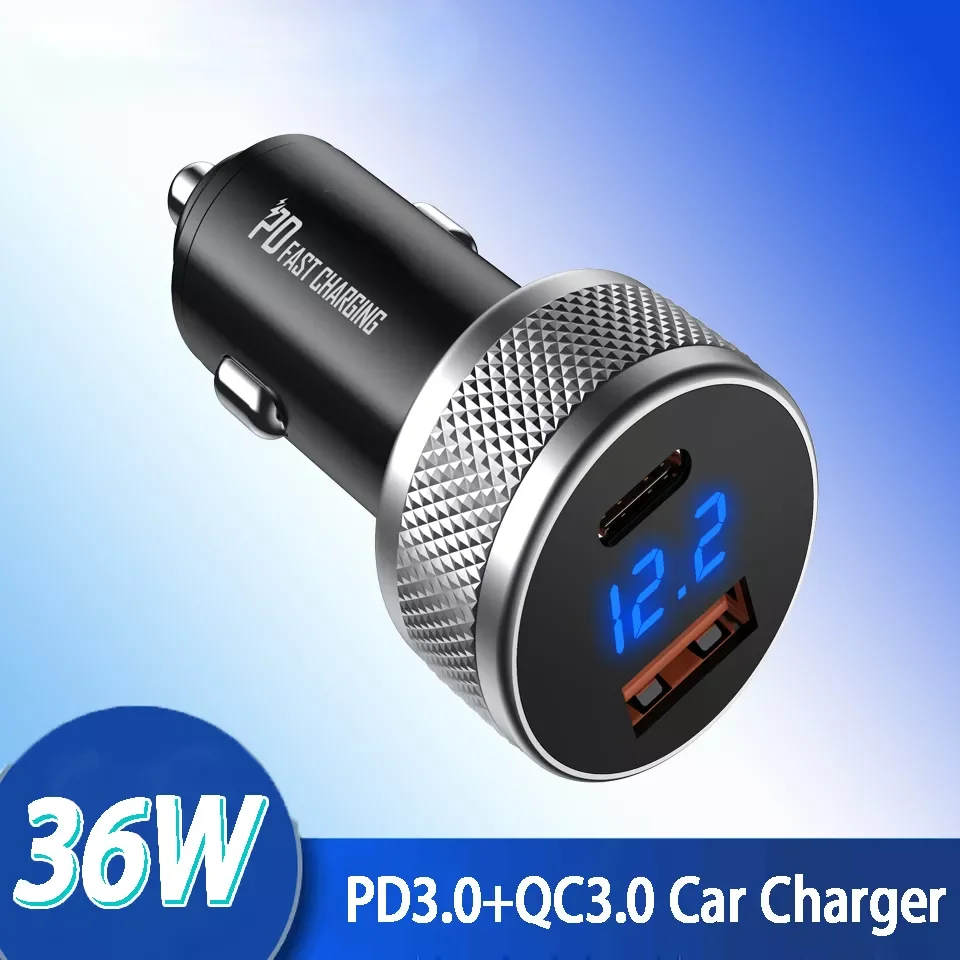 

NEW2023 36W Metal Dual USB Car Charger Digital Display Usb C PD Car Charger Note 20 Ultra S21 Phone Auto Fast Charger