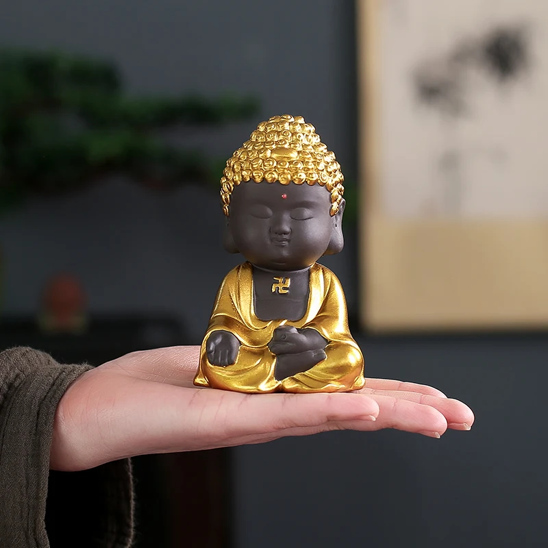 

Creative Purple Sand Little Tathagata Tea Pet Decoration Boutique Zen Golden Buddha Statue Decoration Car Mounted Decoration