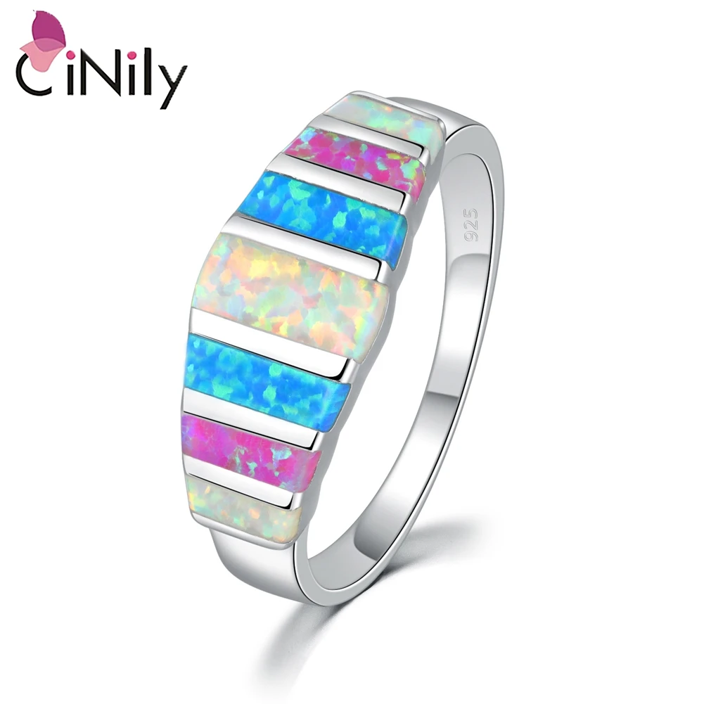 

CiNily Authentic .925 Sterling Silver Rainbow Created White Blue Pink Fire Colorful Opal Rings Bohemia Jewelry for Women Wedding