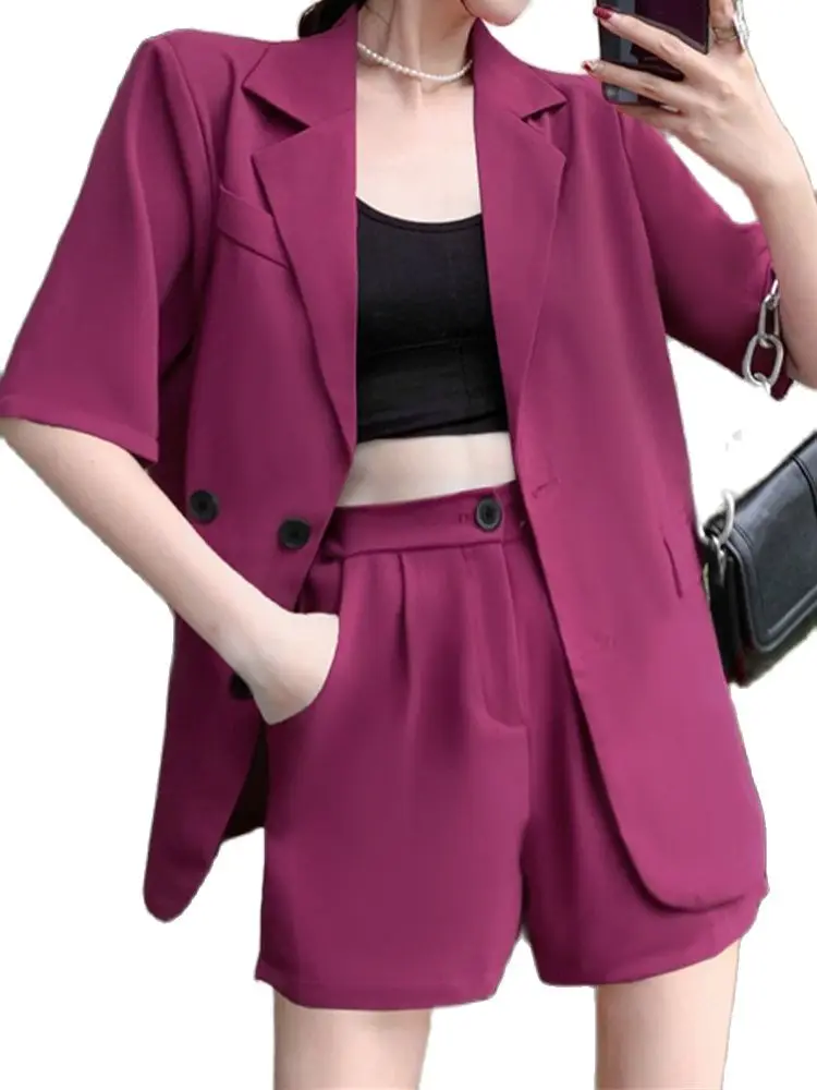 

Temperament Suit Jacket + Elastic Waist Loose Wide Leg Shorts Two-Piece Set 2022 Summer New Fashion Women'S Clothing