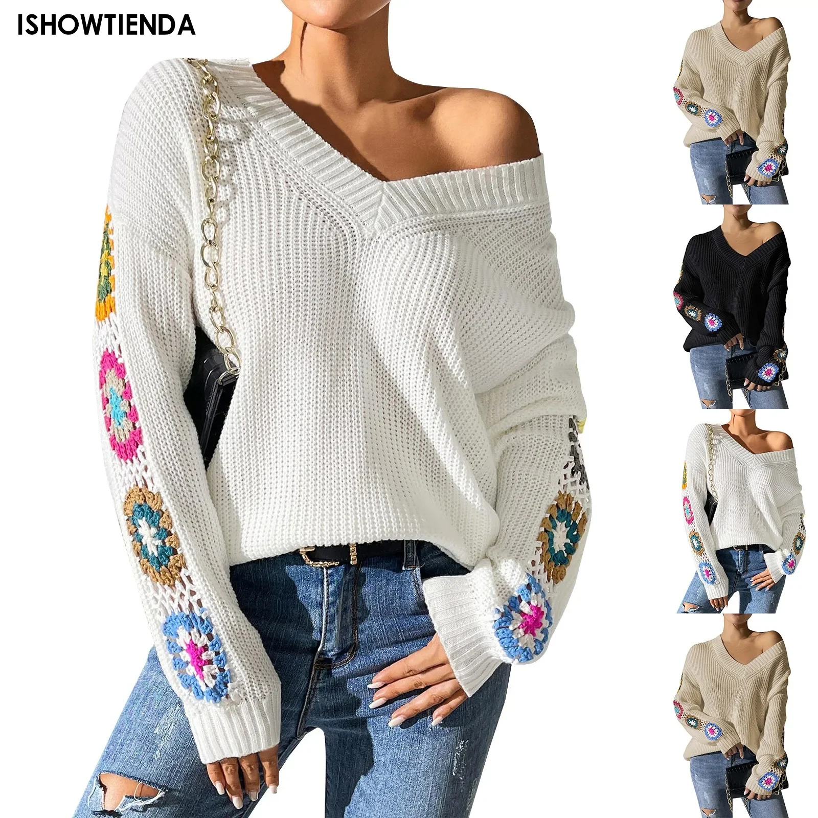 Женский трикотажный пуловер с длинным рукавом V-образным вырезом