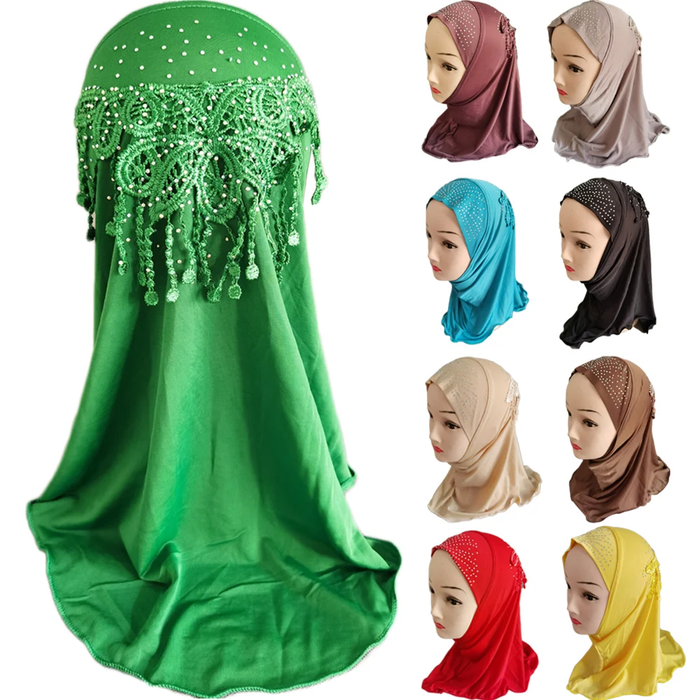 

2-6 Years Kids Girls Muslim Hijab Lace Diamonds Full Cover Turban One Piece Amira Cap Islamic Instant Scarf Headwrap Ramadan Hat