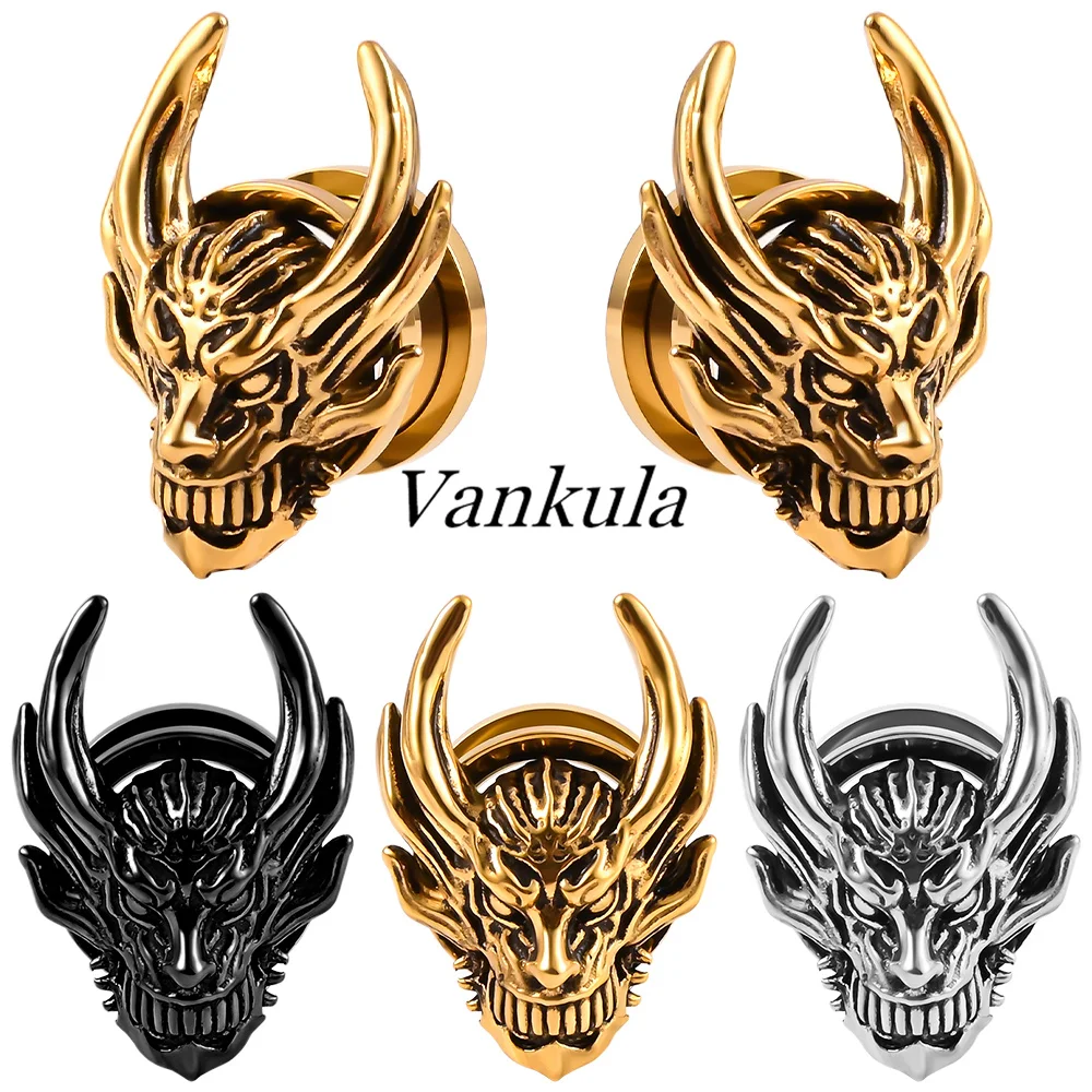 

Vankula 2pc Stainless Steel New Punk Animal bull Head Dragon Ear Tunnel Plugs Expander Stretcher Gauges Body Piercing Jewelry