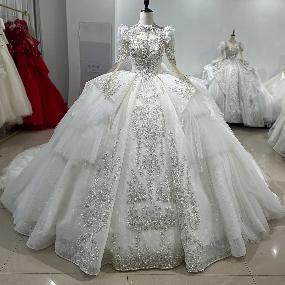 Фото Роскошные женские свадебные платья с высоким воротом на заказ, яркое свадебное платье длиной до пола, с длинными рукавами, платья принцессы de novia XS051 №3