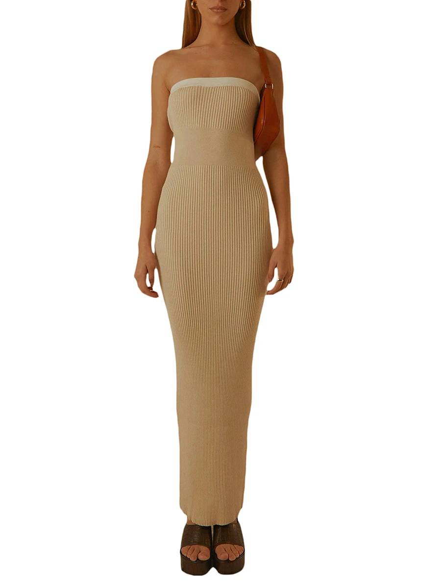 

Strapless Knit Tube Maxi Dress for Women Solid Ribbed Solid Color Sleeveless Backless High Waist Bodycon Long Pencil Dresses