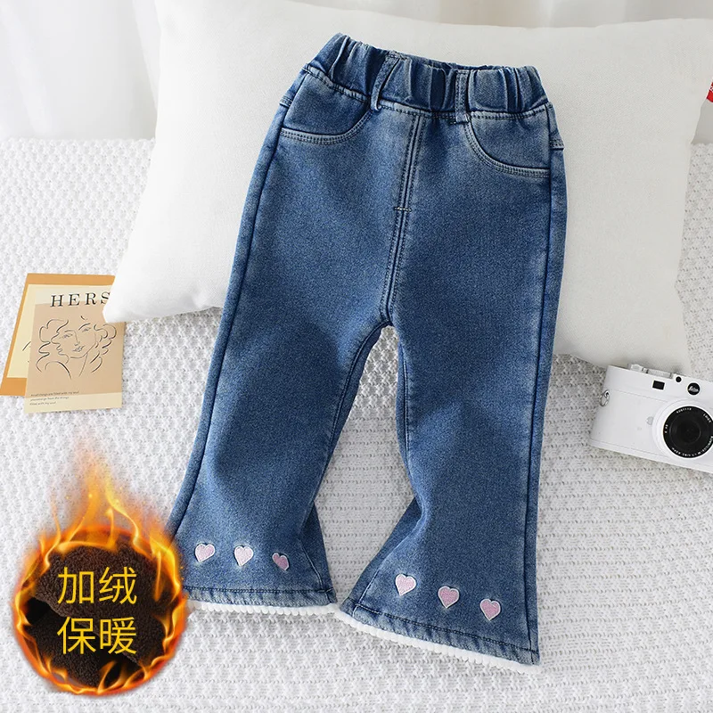 

Детские джинсы с флисовой подкладкой, модные облегающие плотные джинсы в Корейском стиле для девочек, Осень-зима 2023