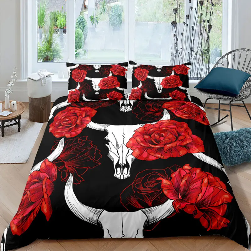 Comforter Cover With Pillow Sham Gothic Skull Duvet Cover Set Queen Cow Skull 3D Print Bedding Set Microfiber Skeleton Floral