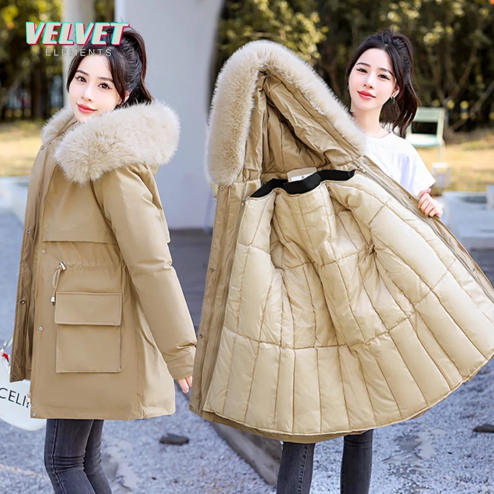 VE 2023 New Winter Jacket Women Parka Big Fur Collar Hooded Thick Warm Long Female Coat Casual Outwear Down Cotton Jacket Parkas