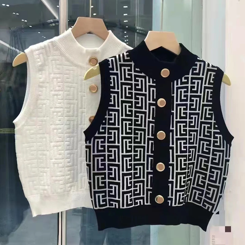 

Summer Knit Vest Women Single Breasted Sleeveless Jacquard Short Tops Thin Korean O-neck Jumper Casual Elegant Waistcoats N637