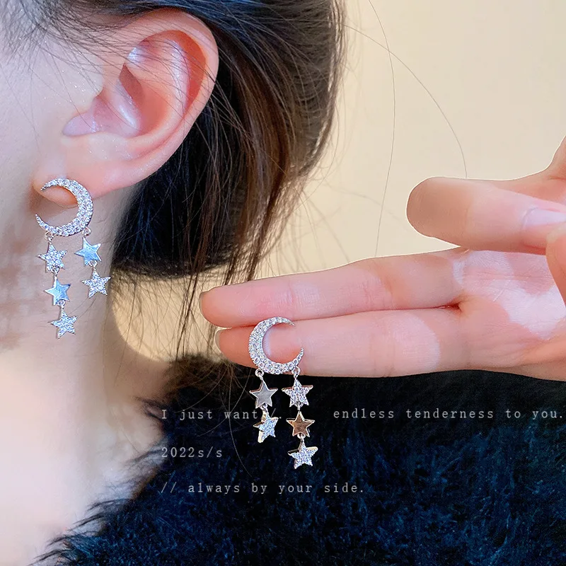 

Silver Needle Cold Style Zircon Moon Star Tassel Earrings Niche Design Sense Internet Popular Ins For Wo