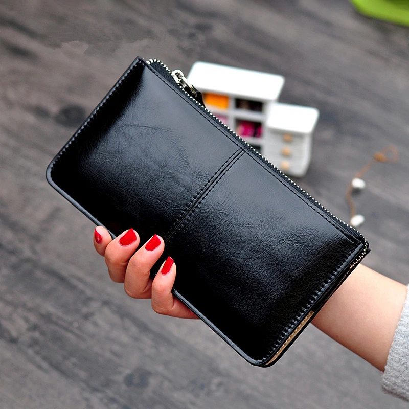 

Women's Leather Wallet Zipper Clutch DesignerPurse Vintage Oil Wax Large Capacity Brand Coin Purses Female Simple Card Holder