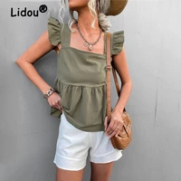 summer 2022 fashion elegant ruffles solid sleeveless slim casual t shirt womens clothing pullovers all match cropped top female
