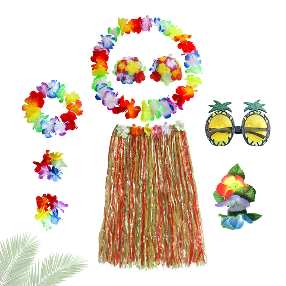 

1 Set Hawaii Tropical Hula Grass Dance Skirt Flower Bracelets Sunglasses Headband Necklace Set (Colorful)