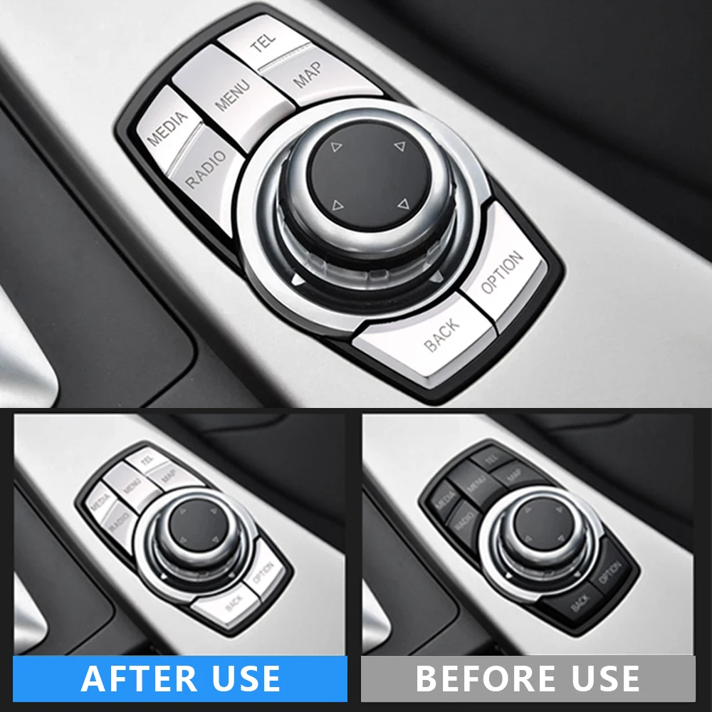 

Сменные серебряные автомобильные наклейки для интерьера автомобиля, АБС-хромированные мульти-медиа 7 кнопок, декоративная отделка для BMW серий 1 3 4 5 6 X1 X5 X6