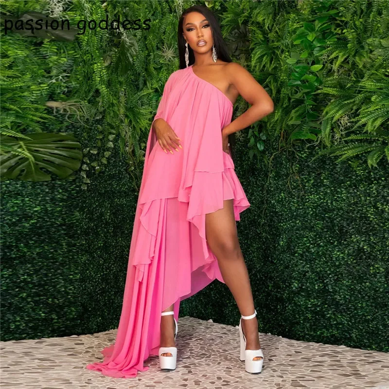 

2023 Women One Shoulder Sexy Double Ruffles Irregular Long Chiffon Dress Summer Beach Loose Maxi Vacation Boho Dress Sundress