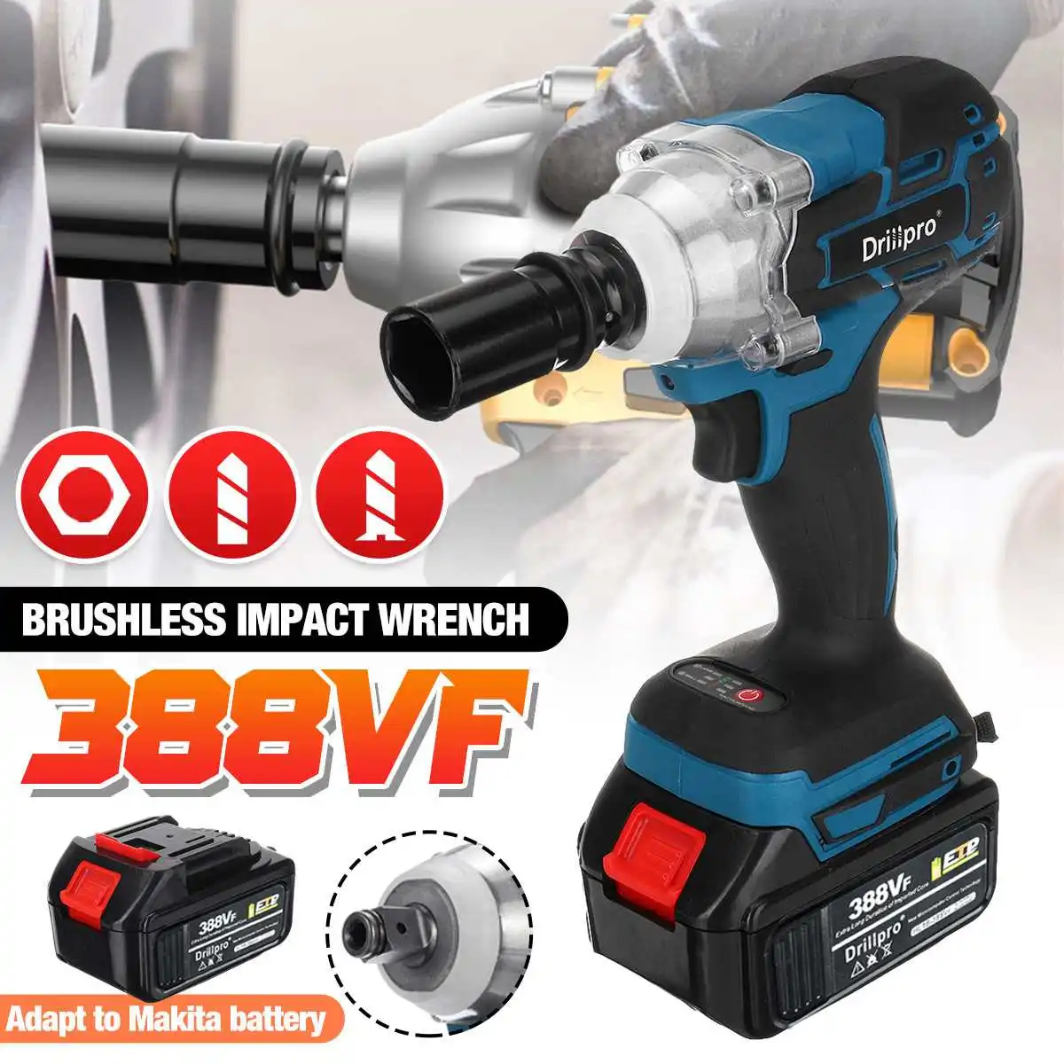 Drillpro 388VF Brushless Cordless Electric Impact Wrench Power Tools 15000Amh Li Battery with LED light Adapt to Makita battery