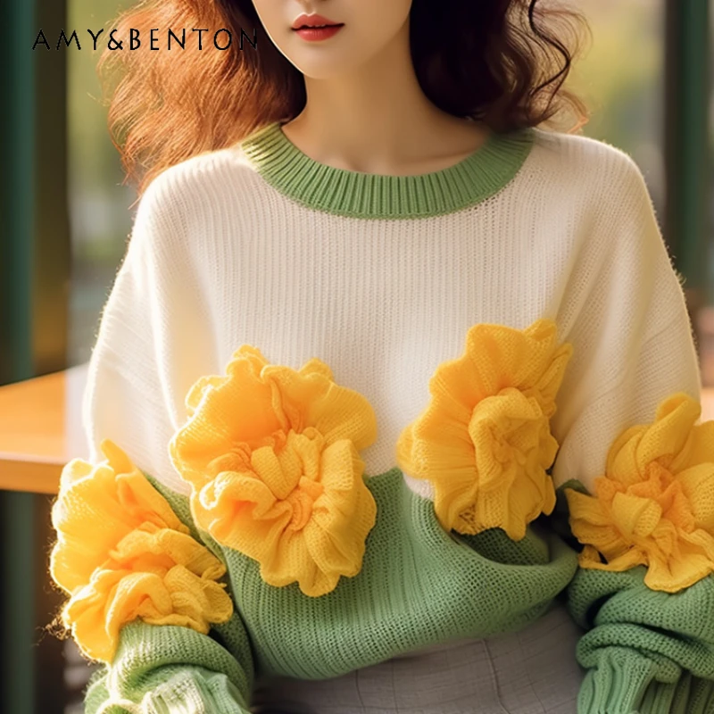 

Autumn Winter 2023 New Flower Sweater Heavy Industry Fashion High-Grade Elegant Socialite Chic French Knitwear Pullovers Female