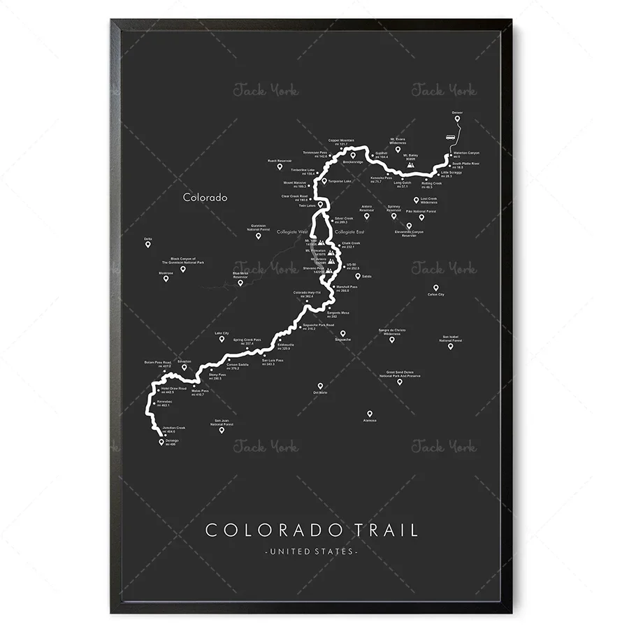 Плакат Colorado Trail | Карта трека Колорадо Походное настенное искусство Денвер в