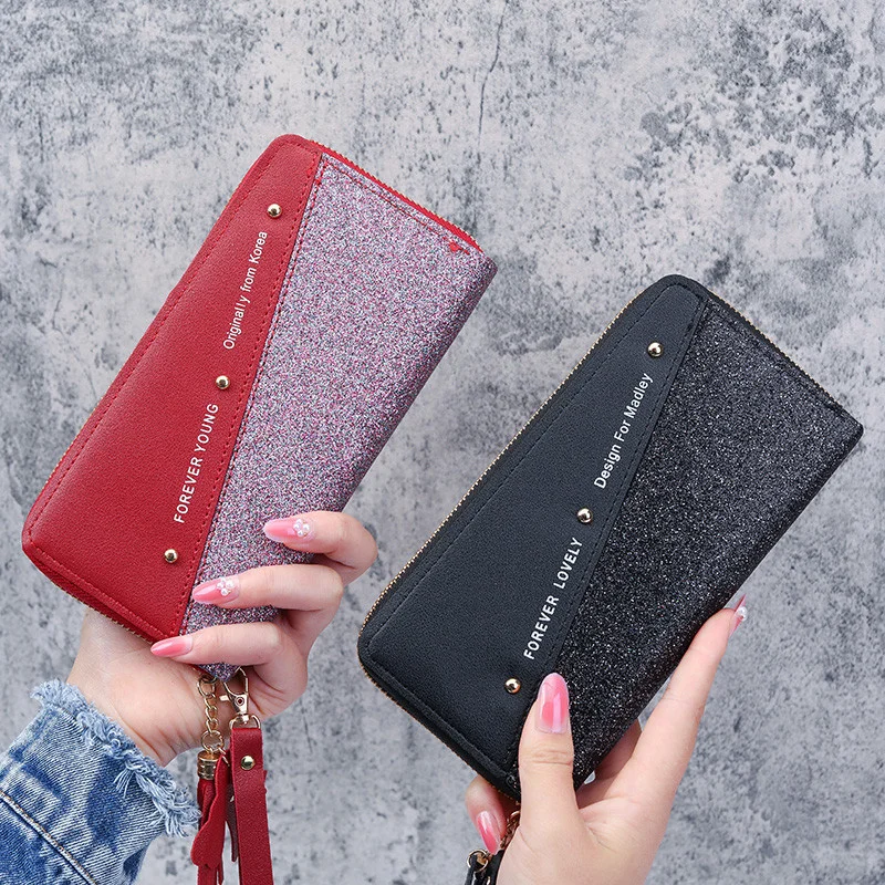 

Fashion Women Sequin Patchwork Glitter Wallet Female Pu Leather Long Coin Purses Ladies Multifunction Wristband Clutch Phone Bag