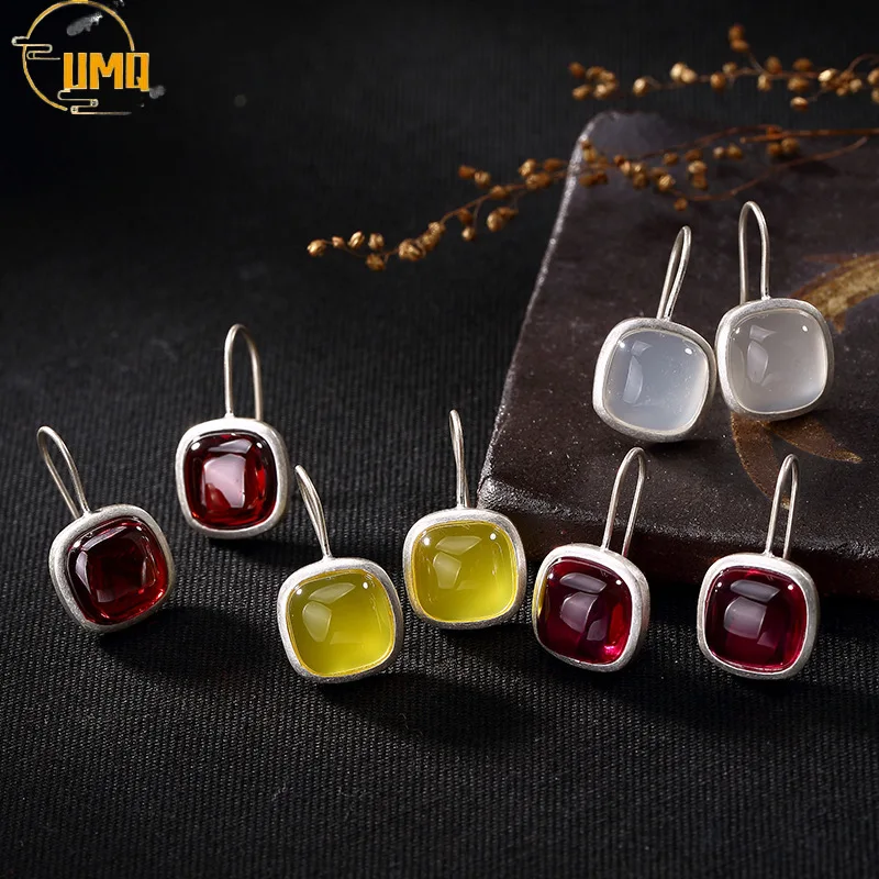 

High Quality Geometric Square 925 Sterling Silver Natural Stones Yellow Agate Simple Drop Earrings Women Jewelry Gemstone Gift