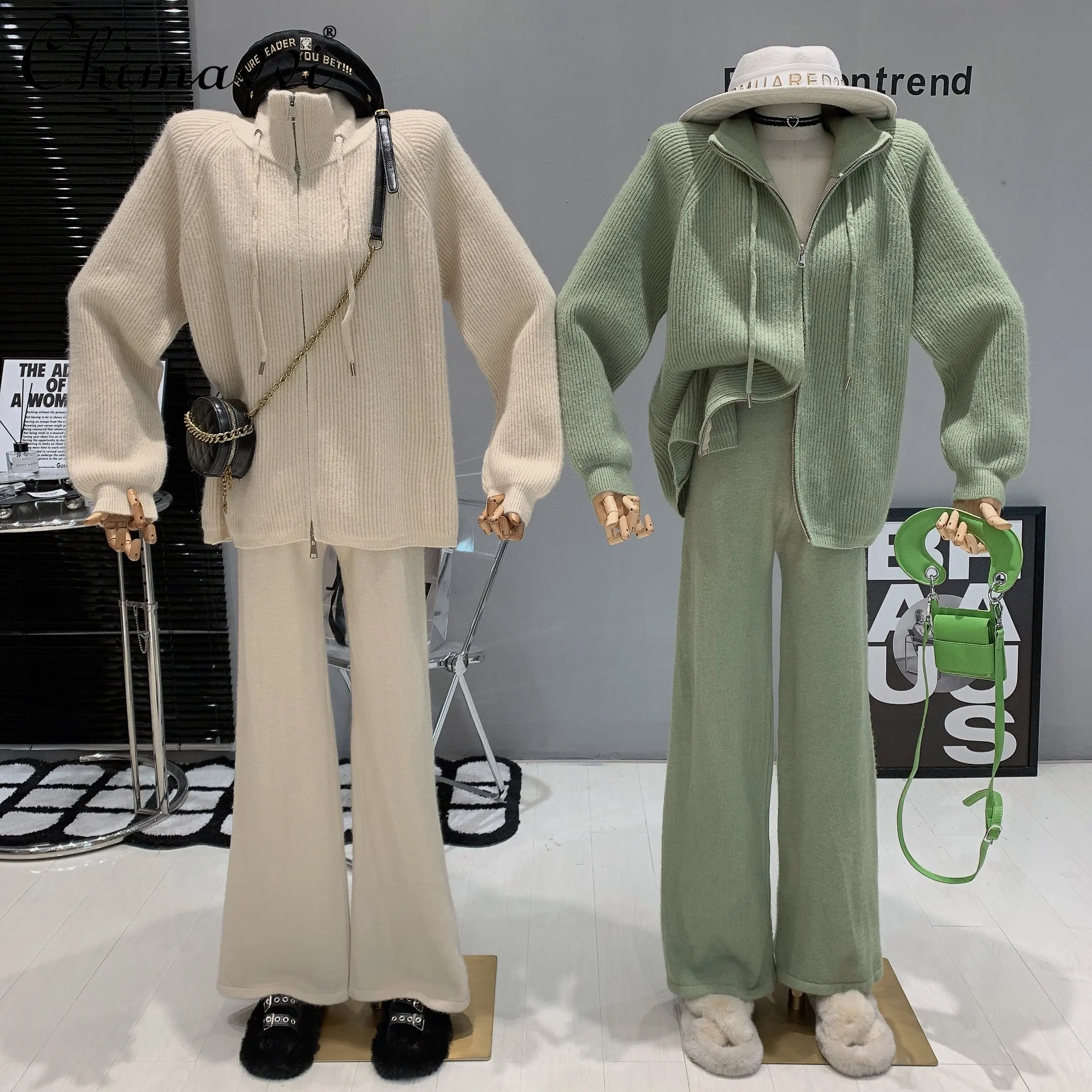 

Korean Style Fashion Commuter Zipper Turtleneck Knitting Sweater Casual Pants Elegant Women's Twinset 2022 Autumn Winter New